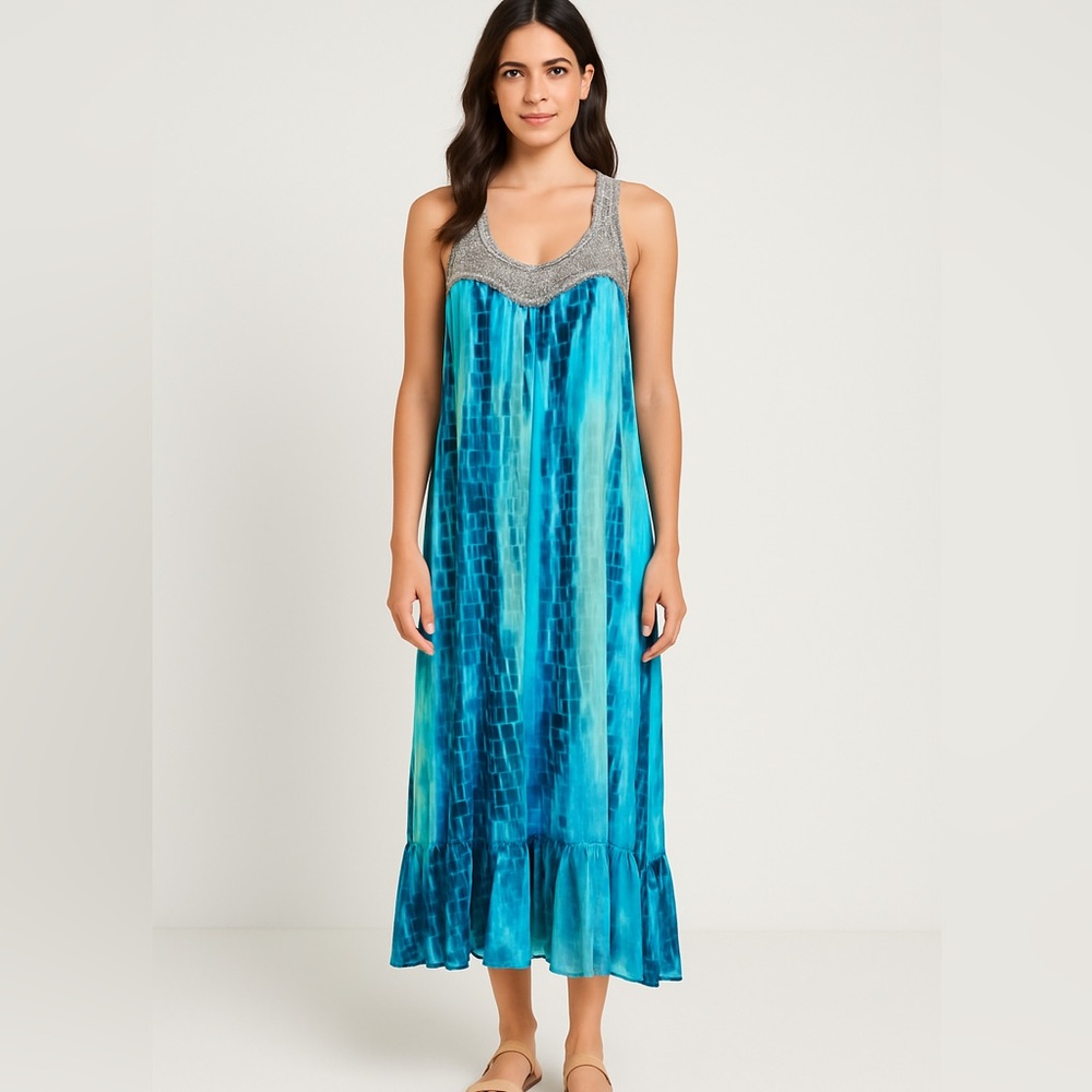 ALLOY Tie Dye Maxi Dress Beading and Sequins Size Medium Boho Festival Resort